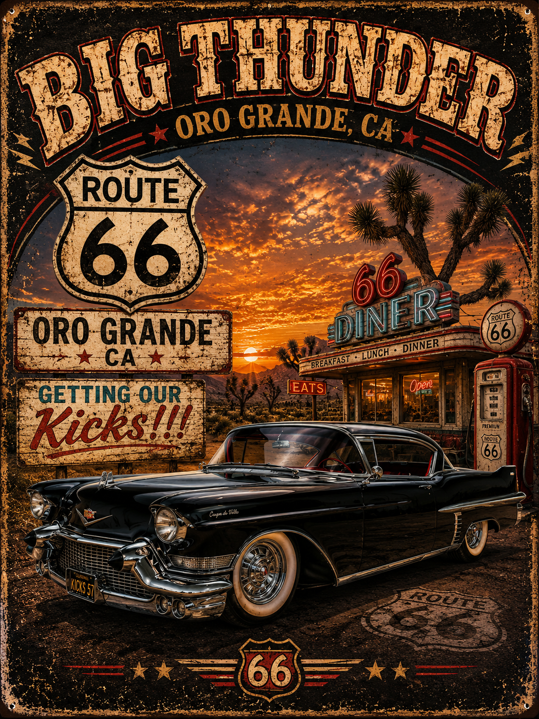 Big Thunder Route 66 Retro Car Poster T-Shirt | Vintage Road Trip Tee