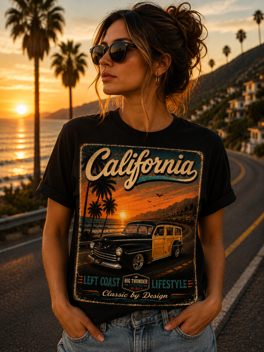 California Woody Surf Poster T-Shirt | Retro Sunset Palm Beach Life
