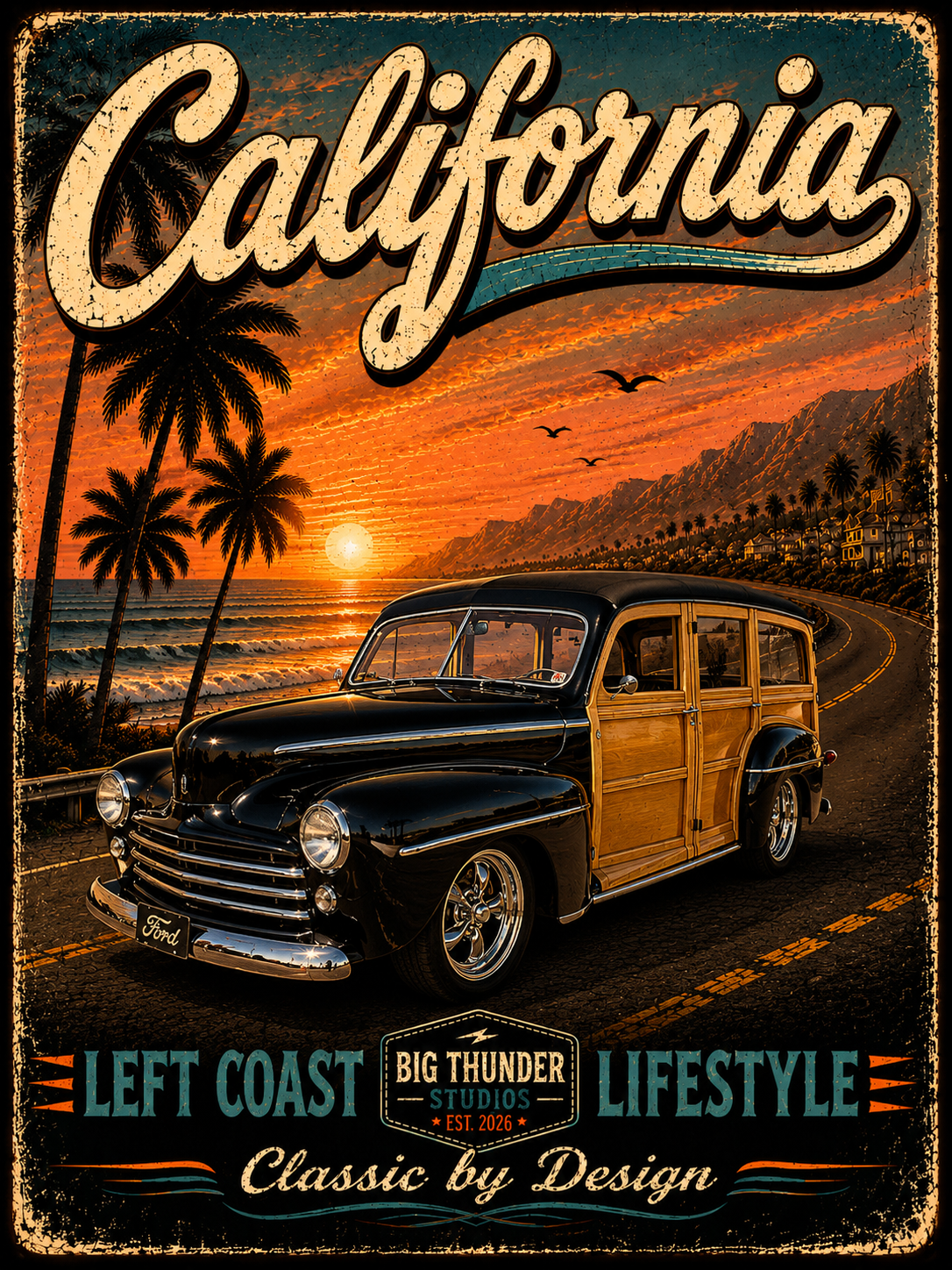 California Woody Surf Poster T-Shirt | Retro Sunset Palm Beach Life