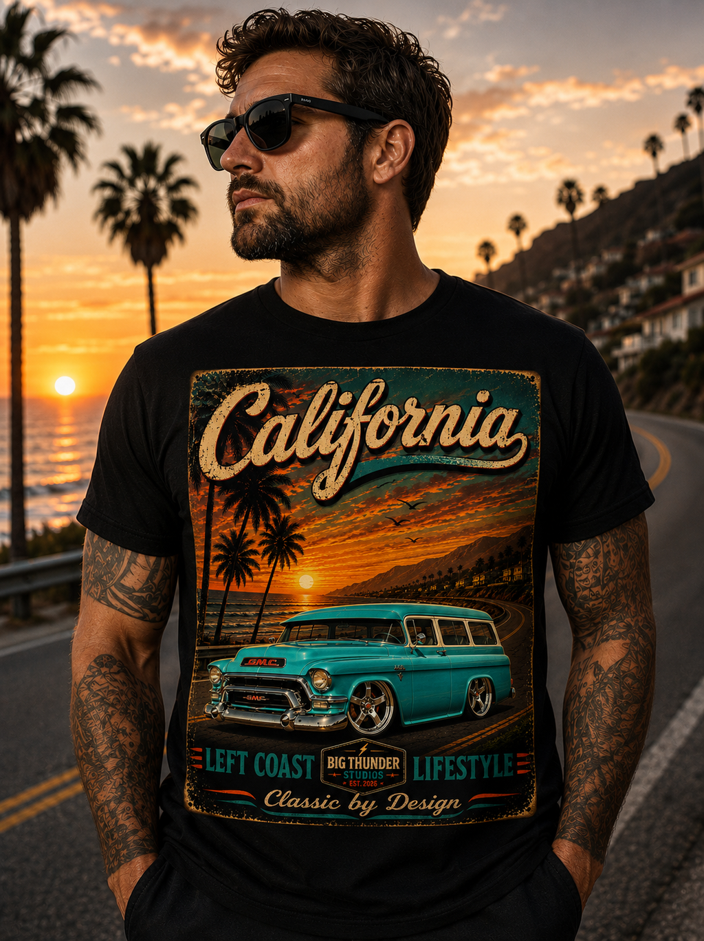 California Sunset Vintage Surf Wagon T-Shirt | Beach Palm Trees Retro Car
