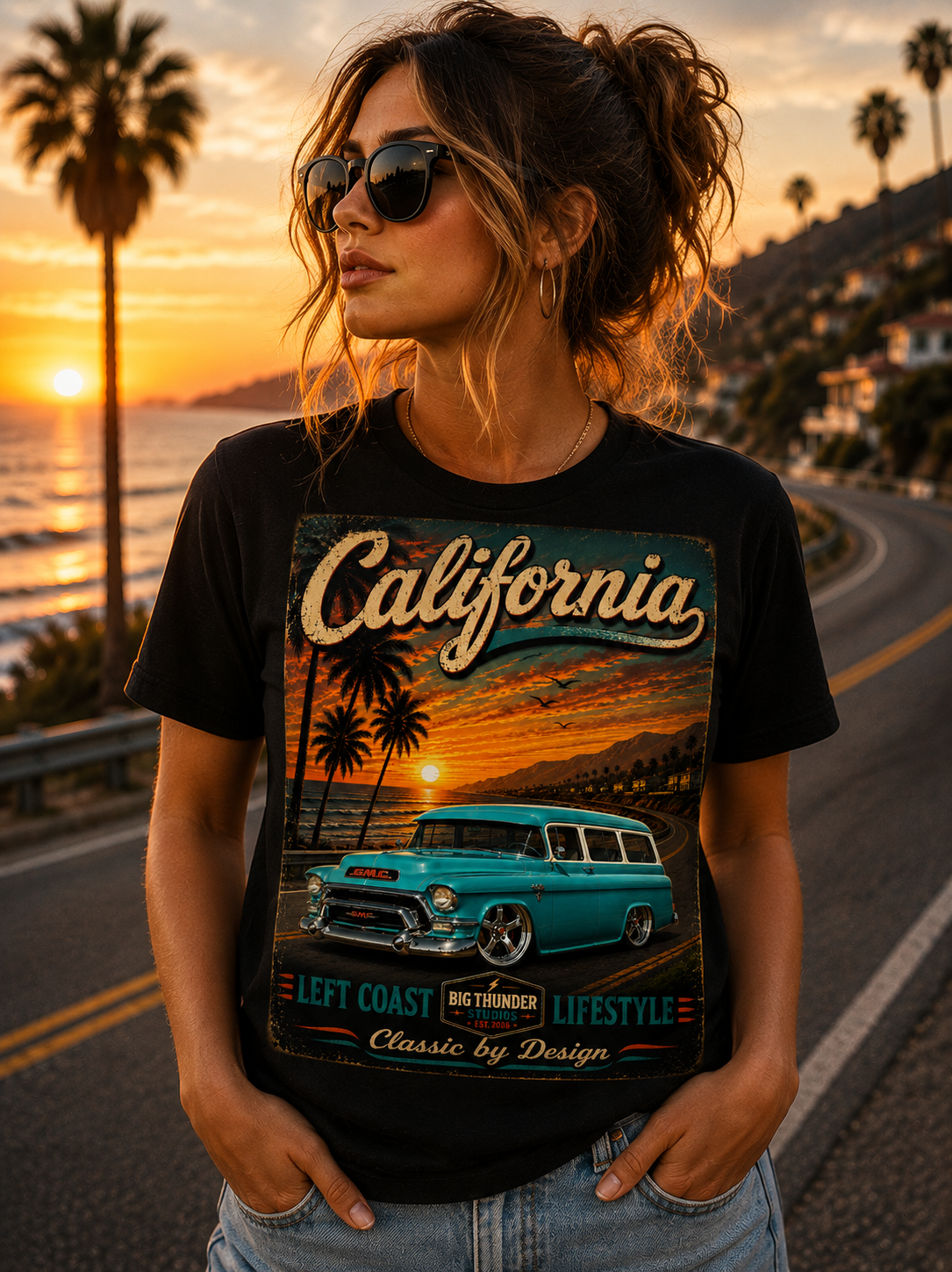 California Sunset Vintage Surf Wagon T-Shirt | Beach Palm Trees Retro Car