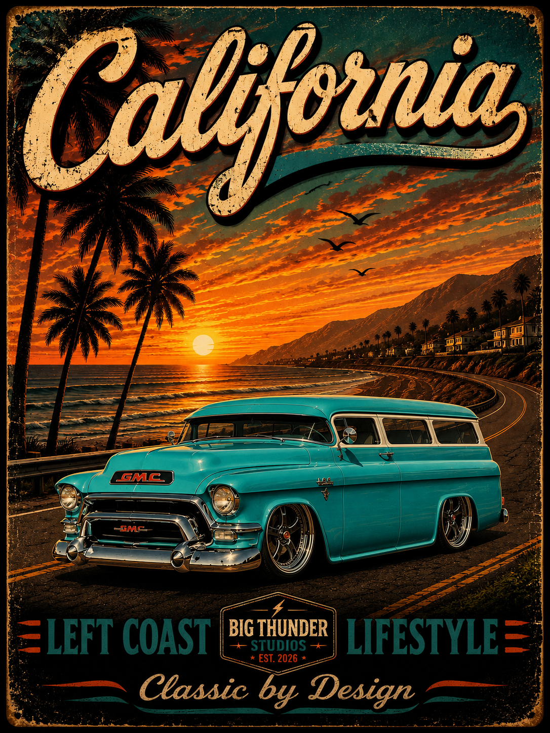 California Sunset Vintage Surf Wagon T-Shirt | Beach Palm Trees Retro Car