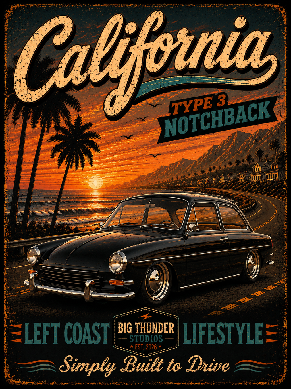 California Classic Car Sunset T-shirt | Vintage West Coast Palm Graphic