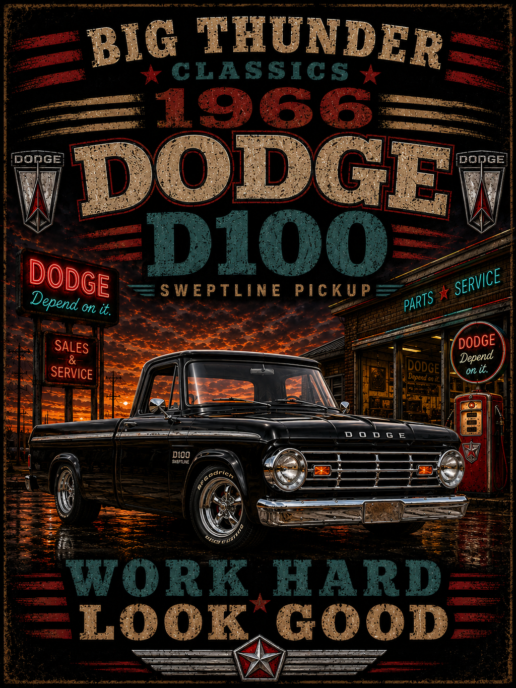 1966 Dodge D100 Truck Vintage Poster T-Shirt | Work Hard Look Good