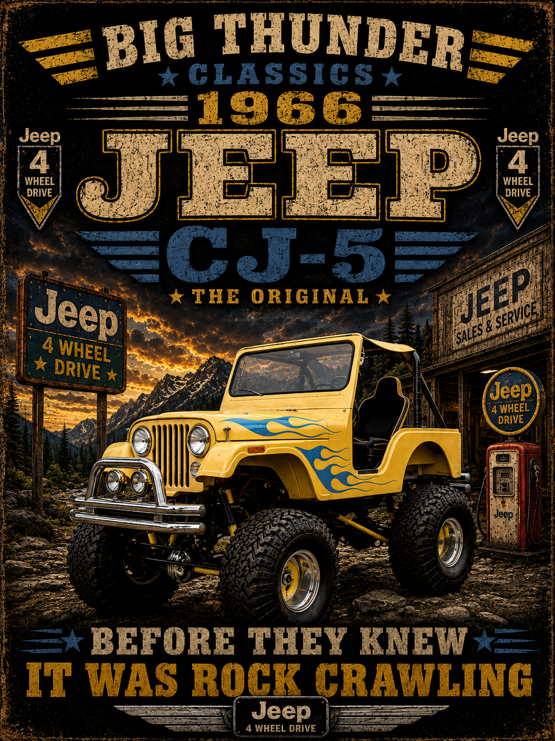 1966 Jeep CJ-5 Big Thunder Vintage Jeep T-Shirt | Off-Road Rock Crawling