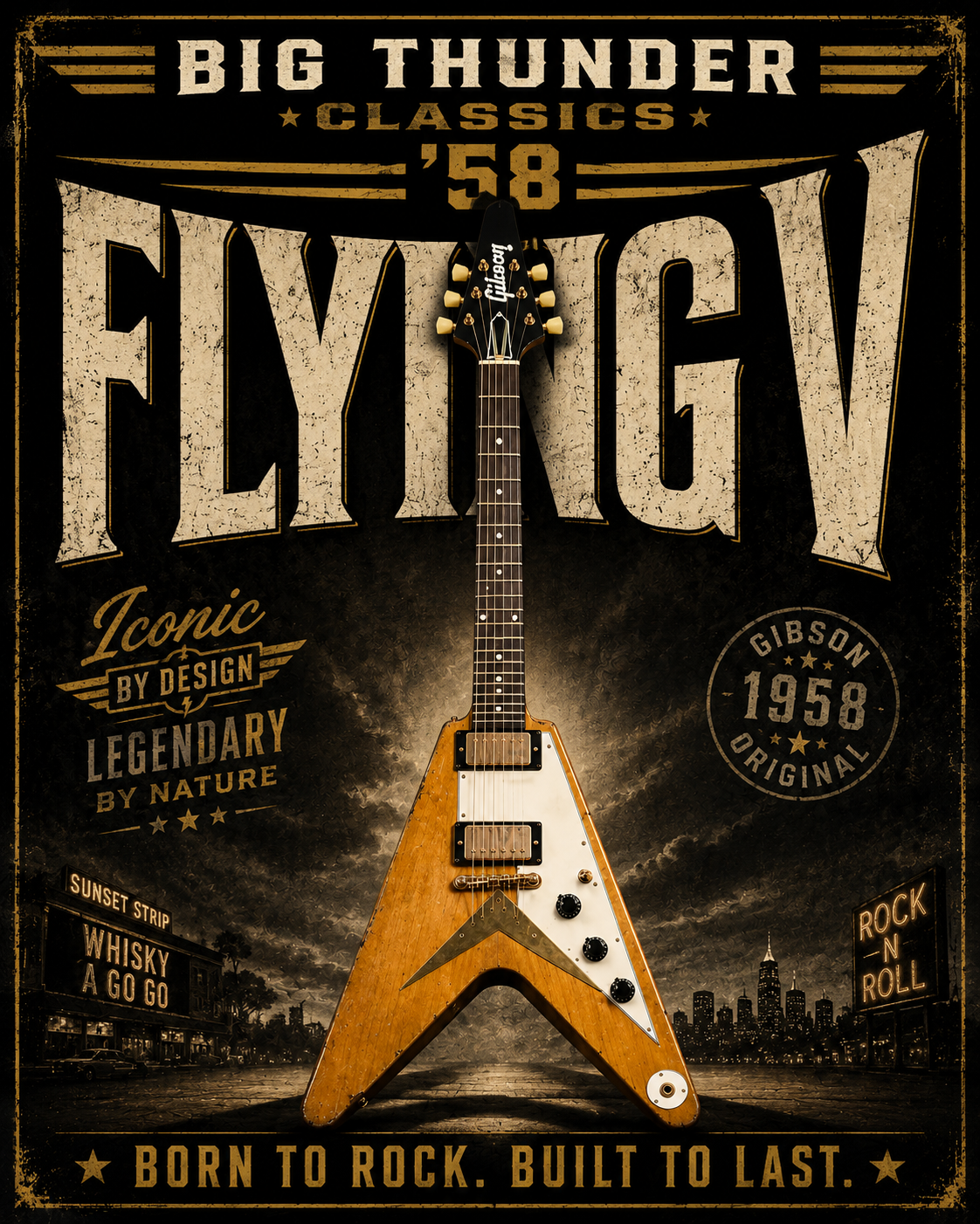 Flying V Guitar Graphic T-Shirt | Vintage Rock Poster Tee