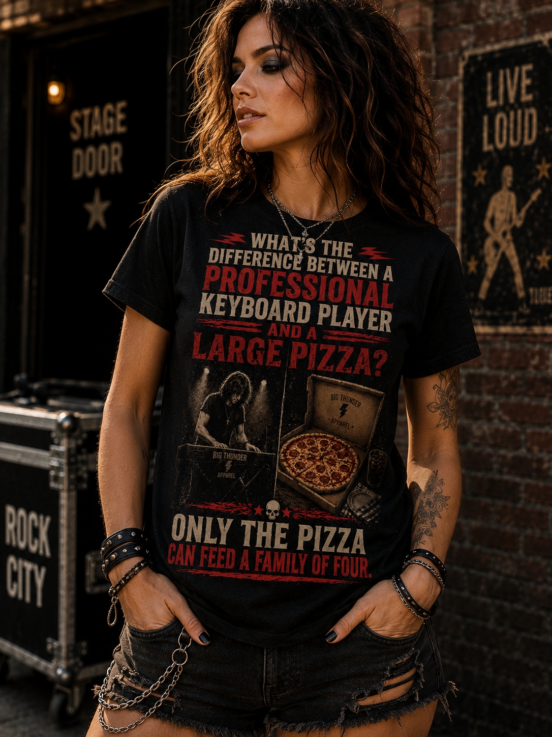 Keyboard Player Pizza Joke T-Shirt | Funny Musician Graphic Tee