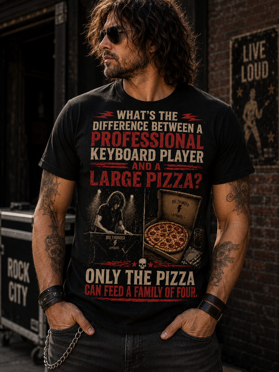 Keyboard Player Pizza Joke T-Shirt | Funny Musician Graphic Tee