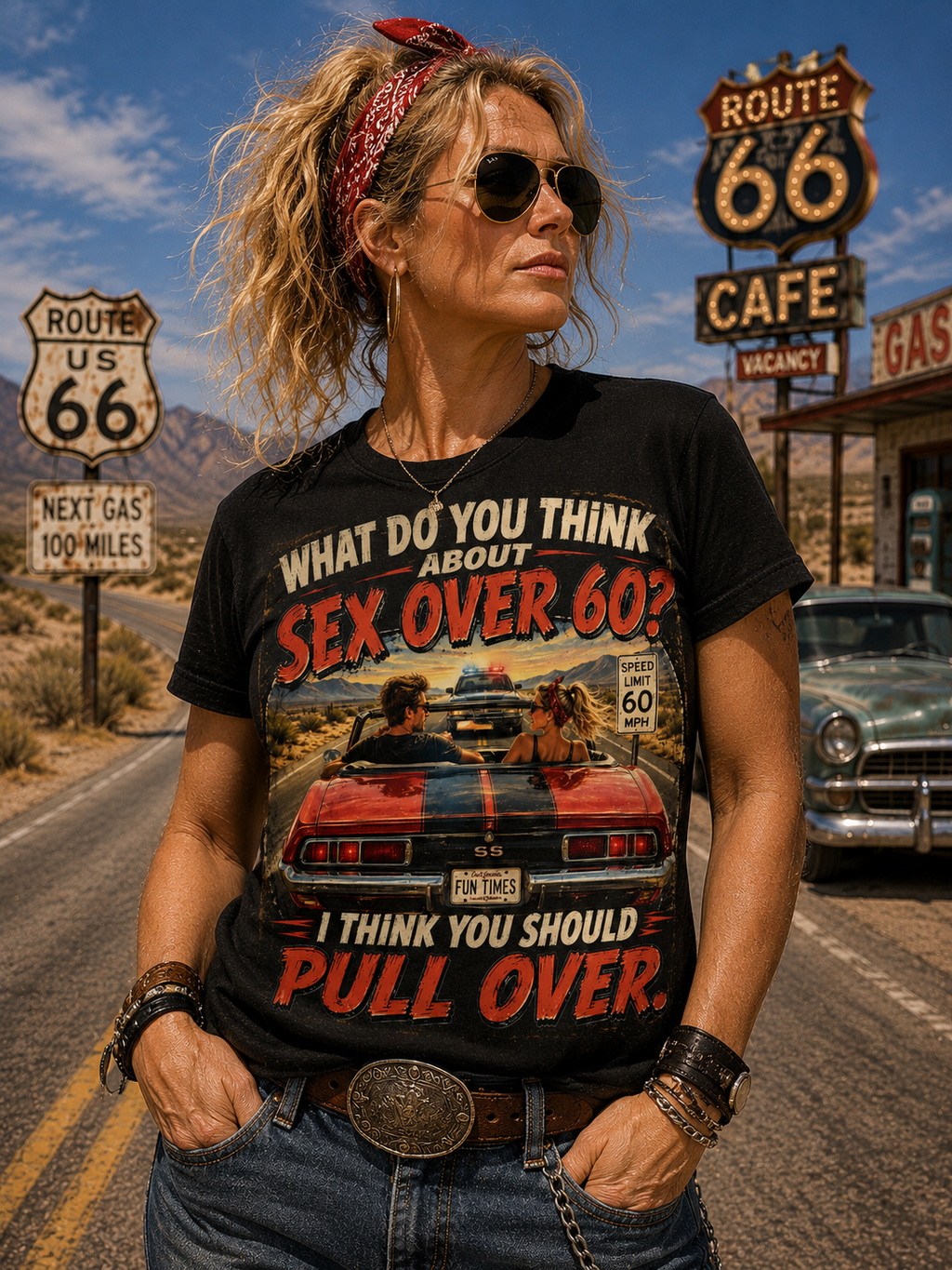 Sex Over 60? I Think You Should Pull Over T-Shirt | Vintage Car Road Sign Design