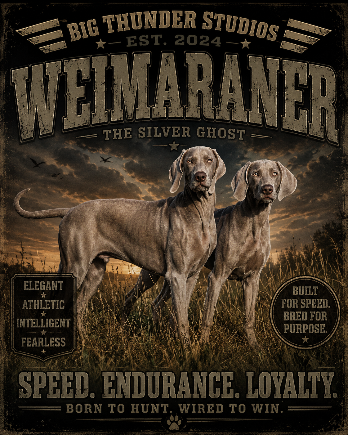 Weimaraner Hunting Portrait T-shirt | Speed Endurance Loyalty, Vintage Canine Design