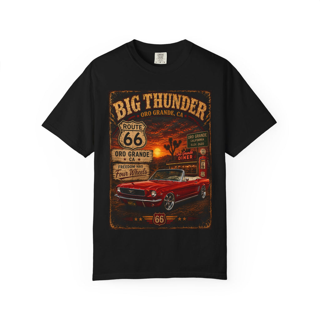 Big Thunder Route 66 Muscle Car T-Shirt | Retro Roadside Signage