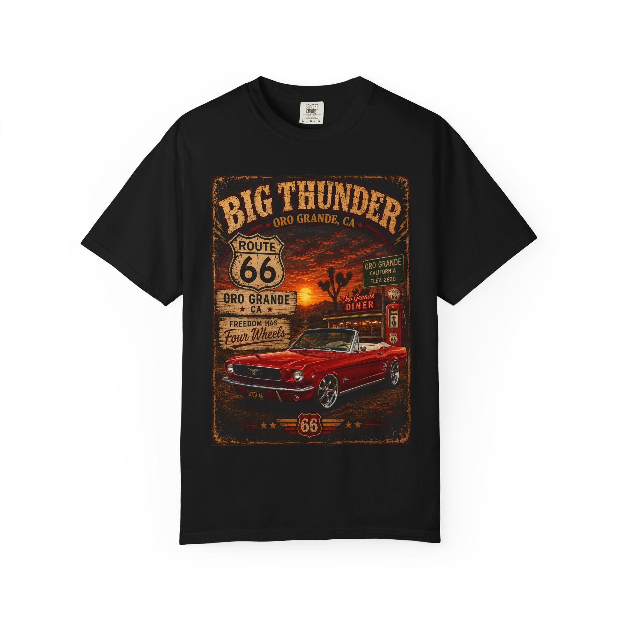 Big Thunder Route 66 Muscle Car T-Shirt | Retro Roadside Signage