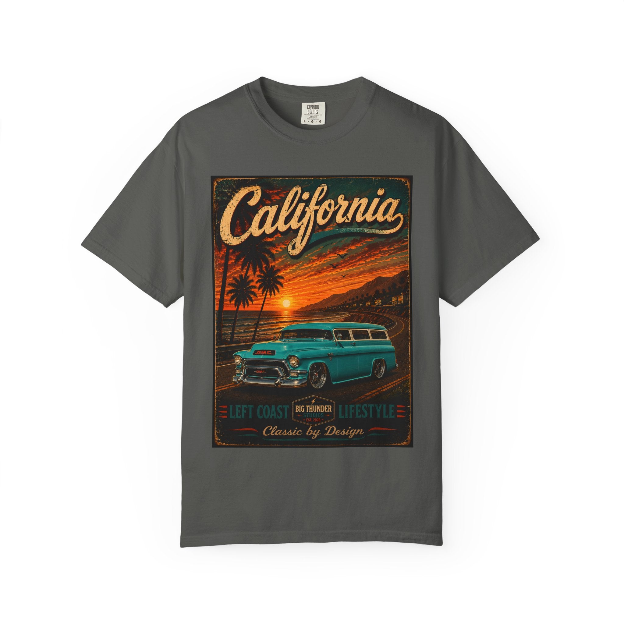 California Sunset Vintage Surf Wagon T-Shirt | Beach Palm Trees Retro Car