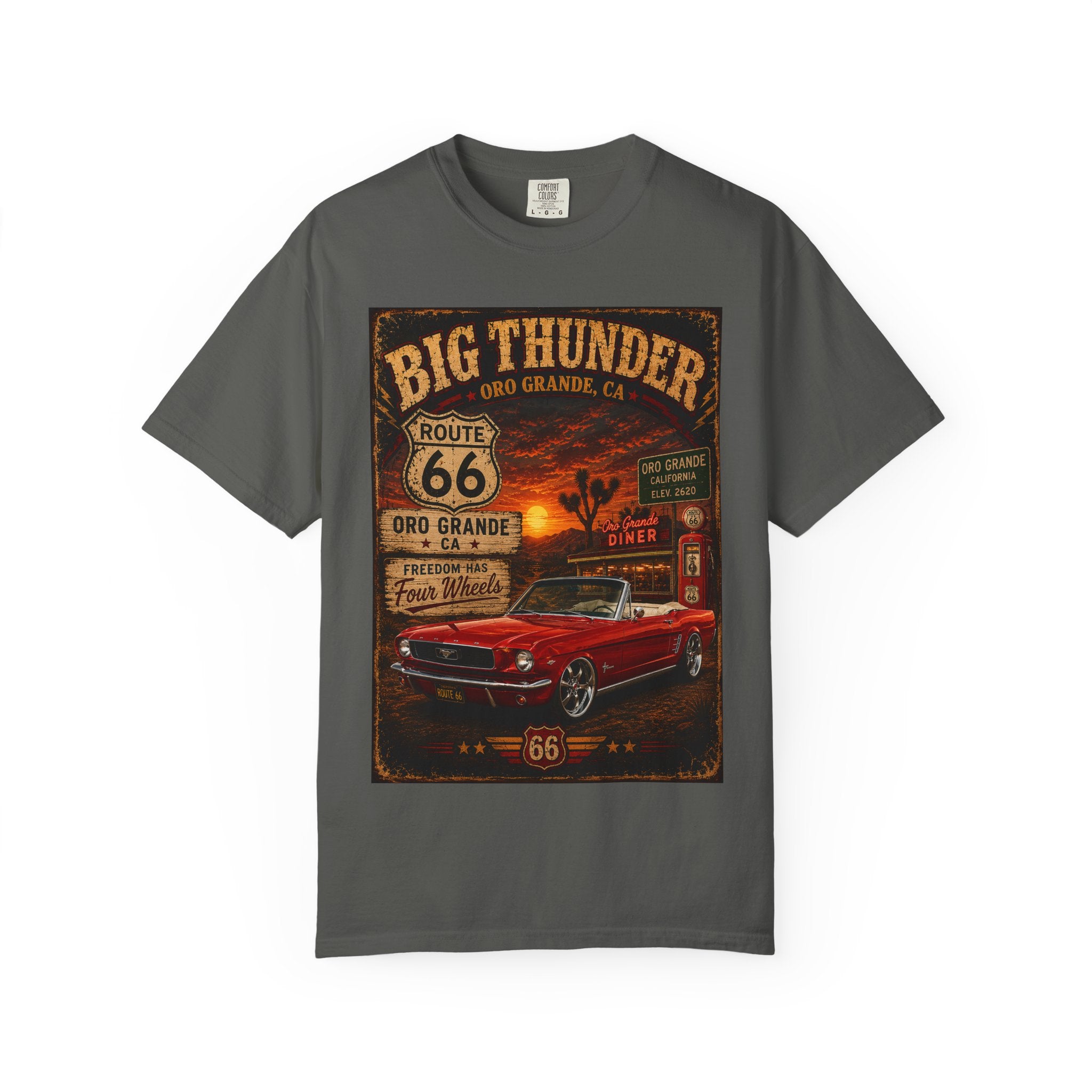 Big Thunder Route 66 Muscle Car T-Shirt | Retro Roadside Signage