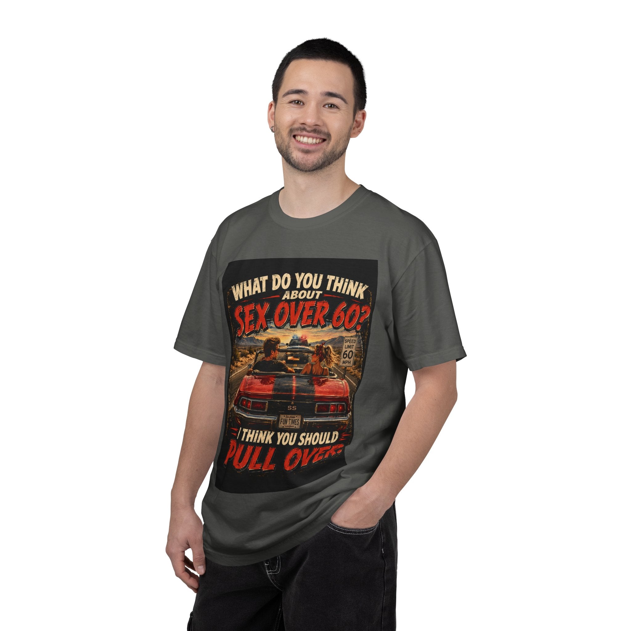 Sex Over 60? I Think You Should Pull Over T-Shirt | Vintage Car Road Sign Design