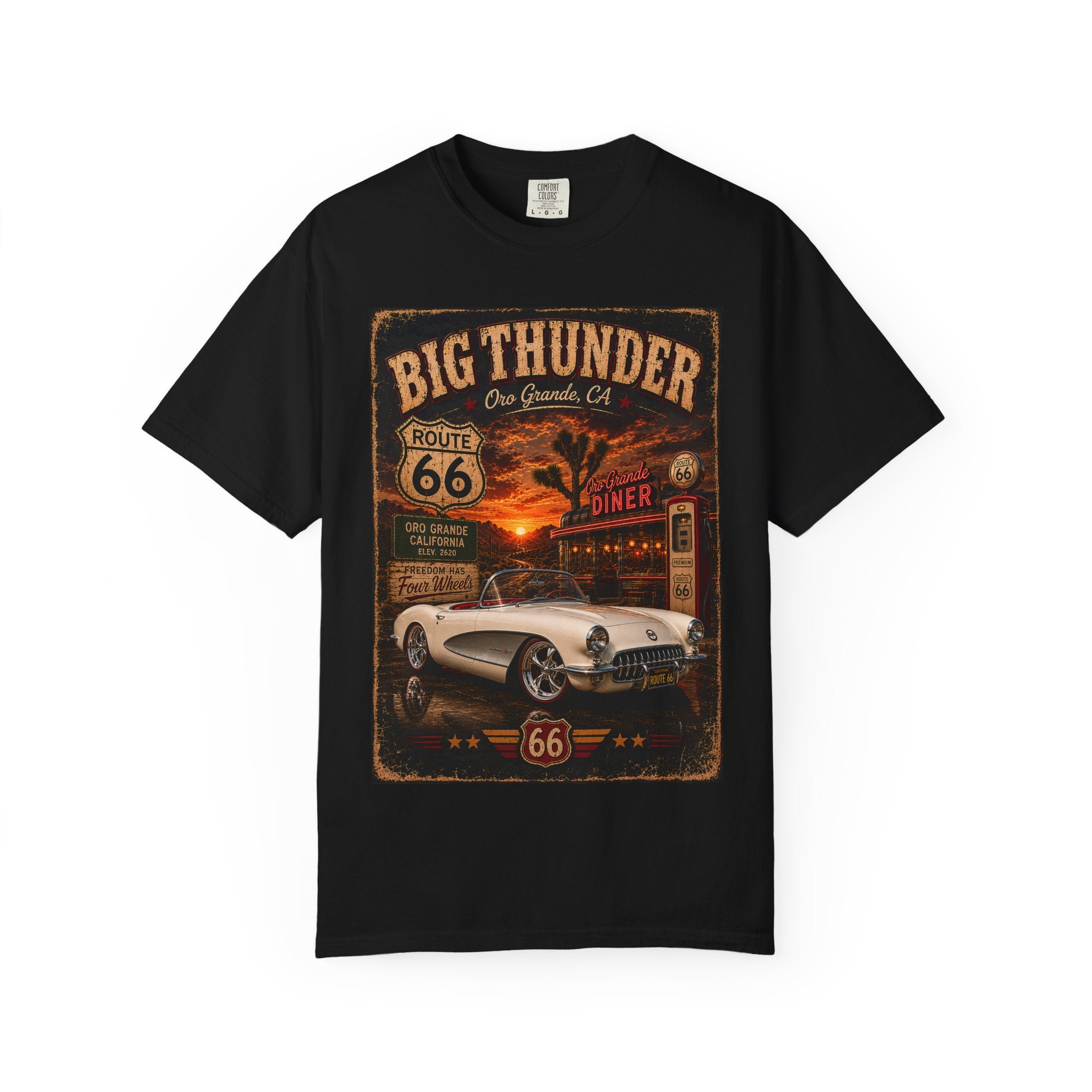 Big Thunder Route 66 Classic Corvette Poster T-Shirt | Vintage Roadtrip Car