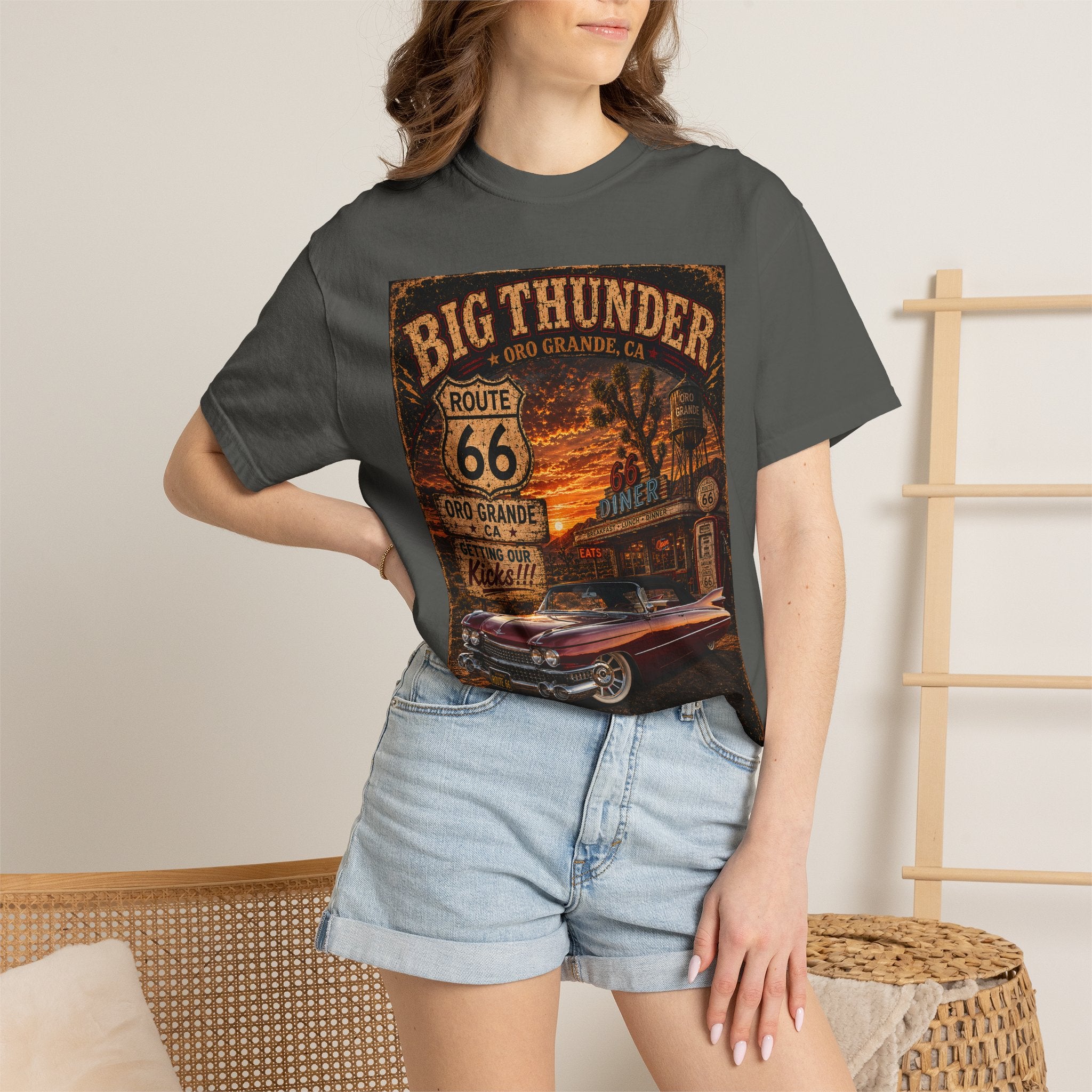 Route 66 Big Thunder Vintage Muscle Car T-Shirt | Retro Roadside Sign Graphic