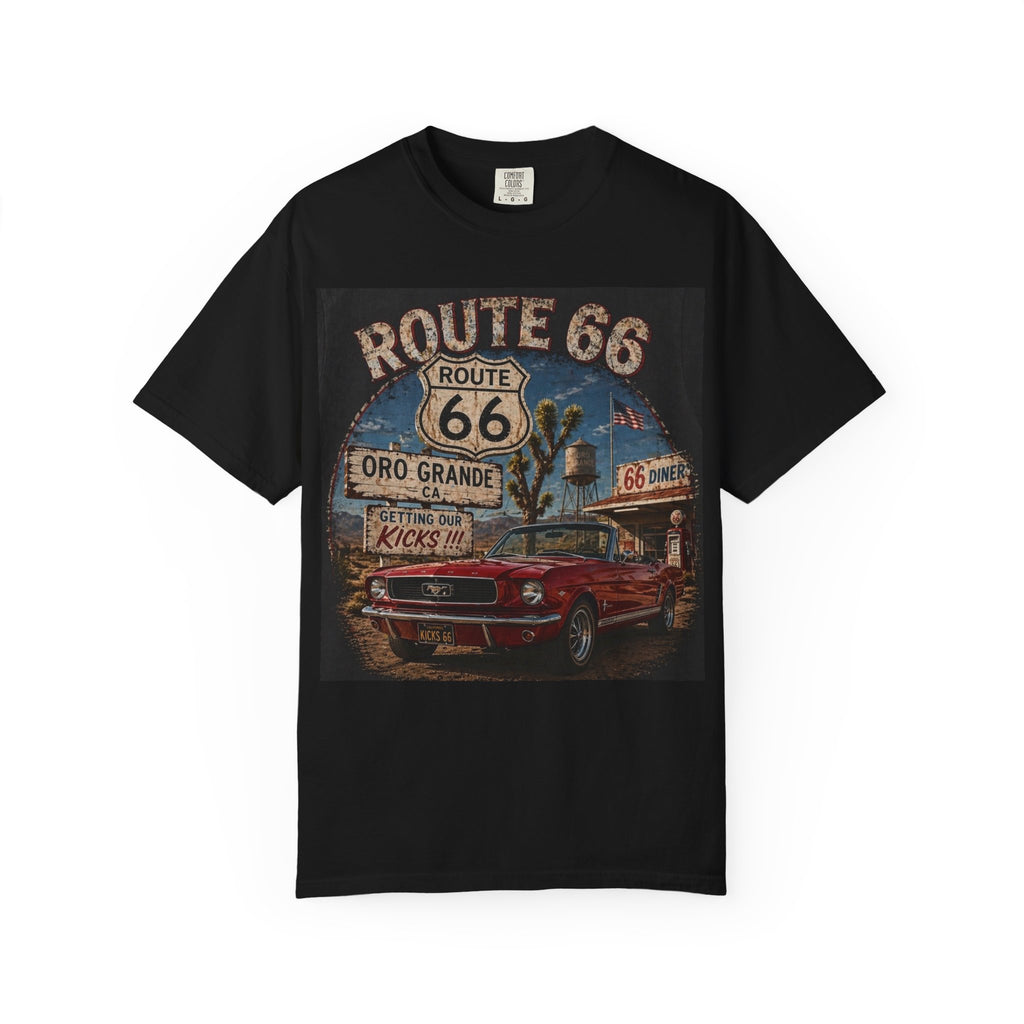 Route 66 Classic Mustang T-Shirt | Retro Road Sign Car Graphic