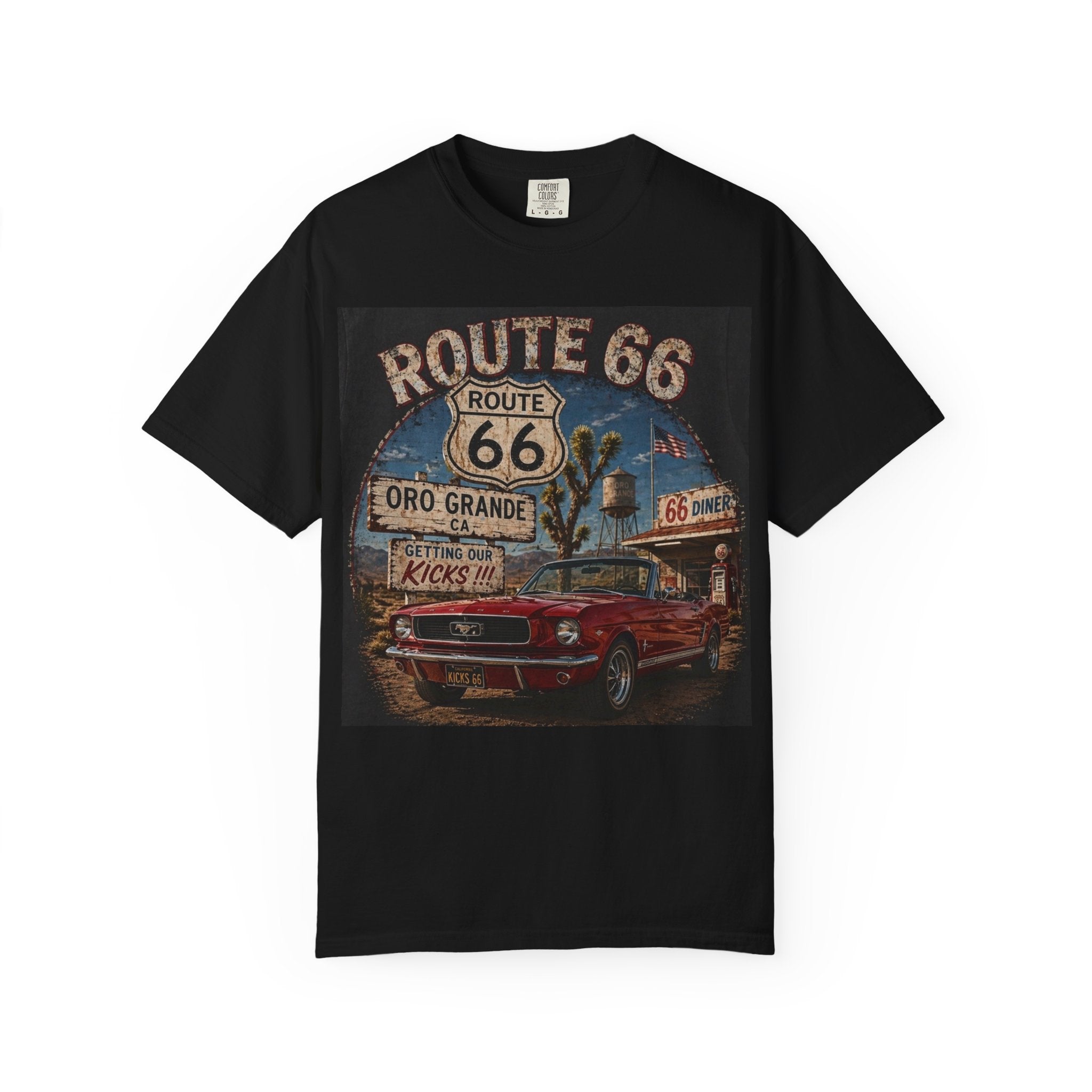 Route 66 Classic Mustang T-Shirt | Retro Road Sign Car Graphic