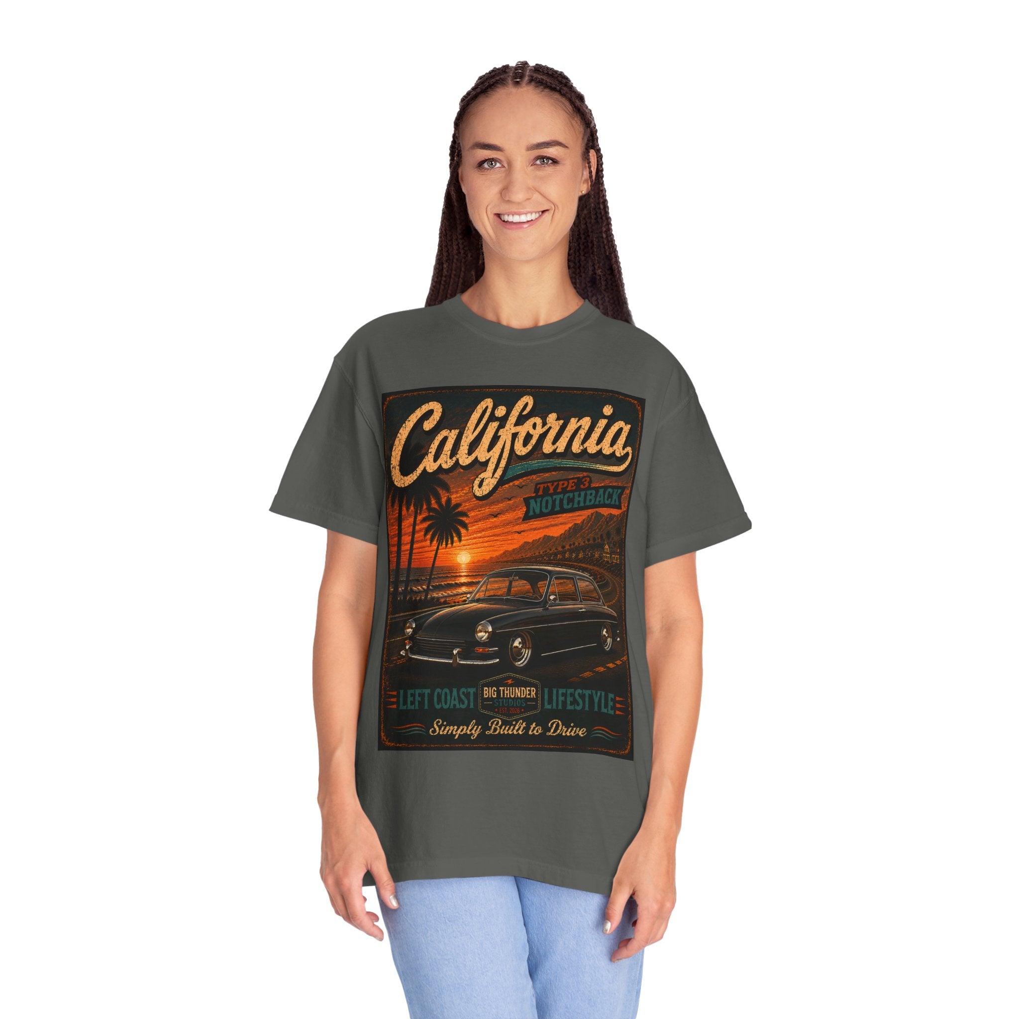 California Classic Car Sunset T-shirt | Vintage West Coast Palm Graphic