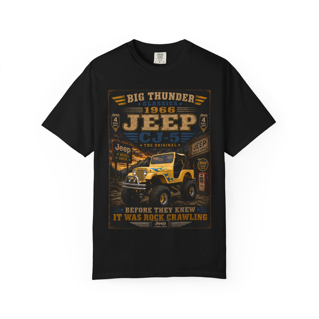 1966 Jeep CJ-5 Big Thunder Vintage Jeep T-Shirt | Off-Road Rock Crawling