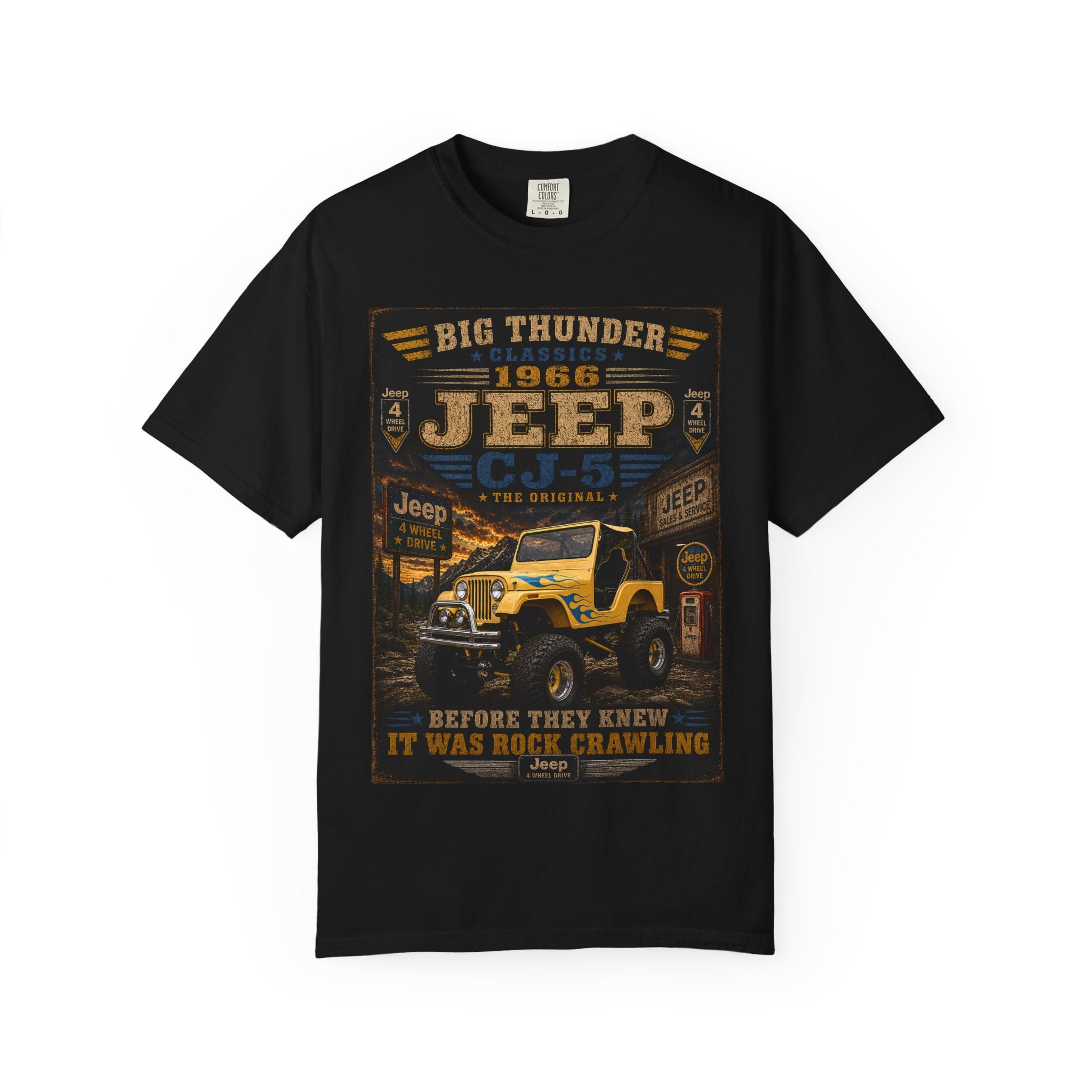 1966 Jeep CJ-5 Big Thunder Vintage Jeep T-Shirt | Off-Road Rock Crawling