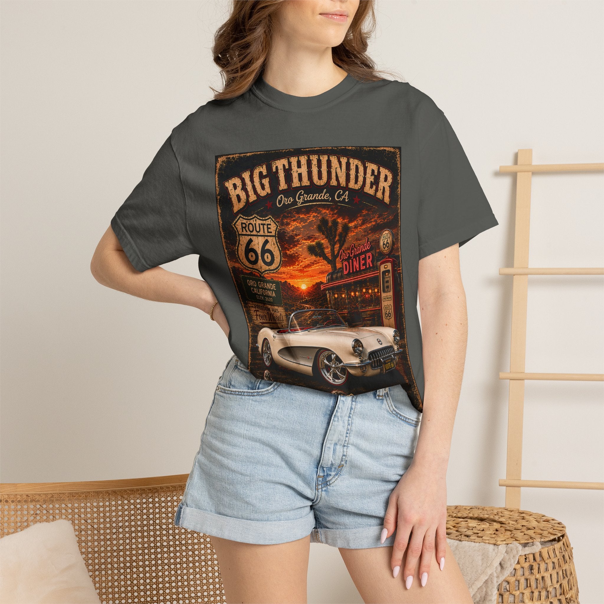 Big Thunder Route 66 Classic Corvette Poster T-Shirt | Vintage Roadtrip Car