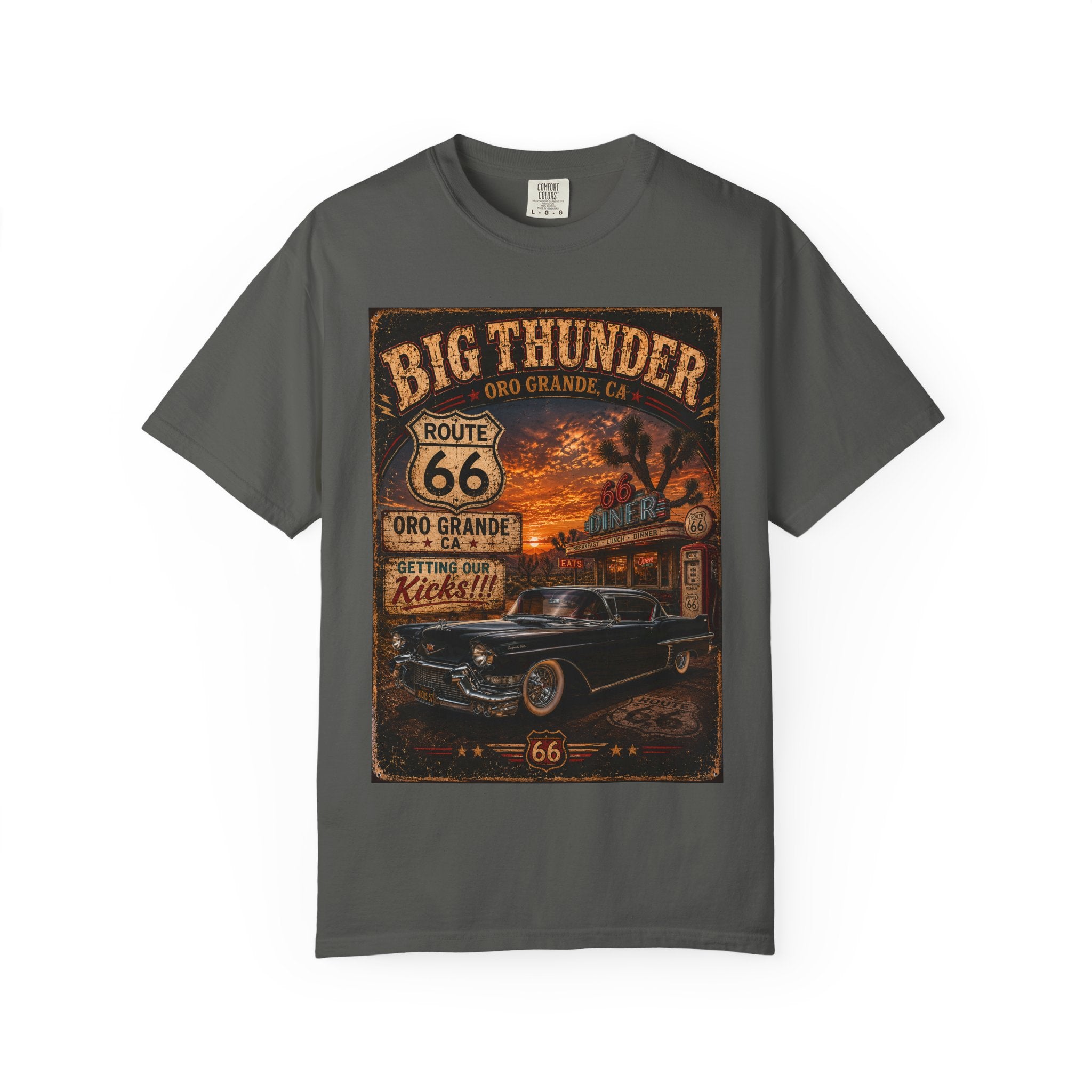 Big Thunder Route 66 Retro Car Poster T-Shirt | Vintage Road Trip Tee