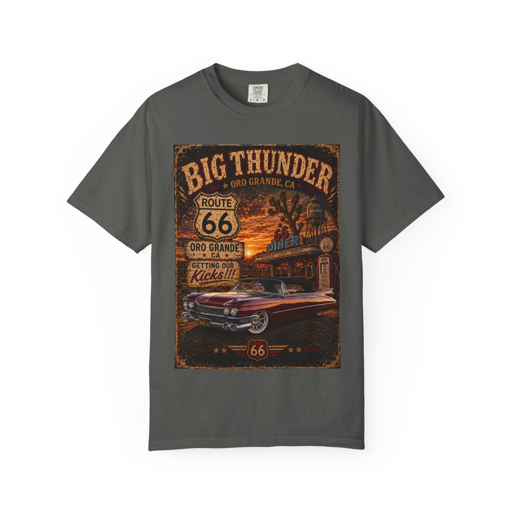 Route 66 Big Thunder Vintage Muscle Car T-Shirt | Retro Roadside Sign Graphic