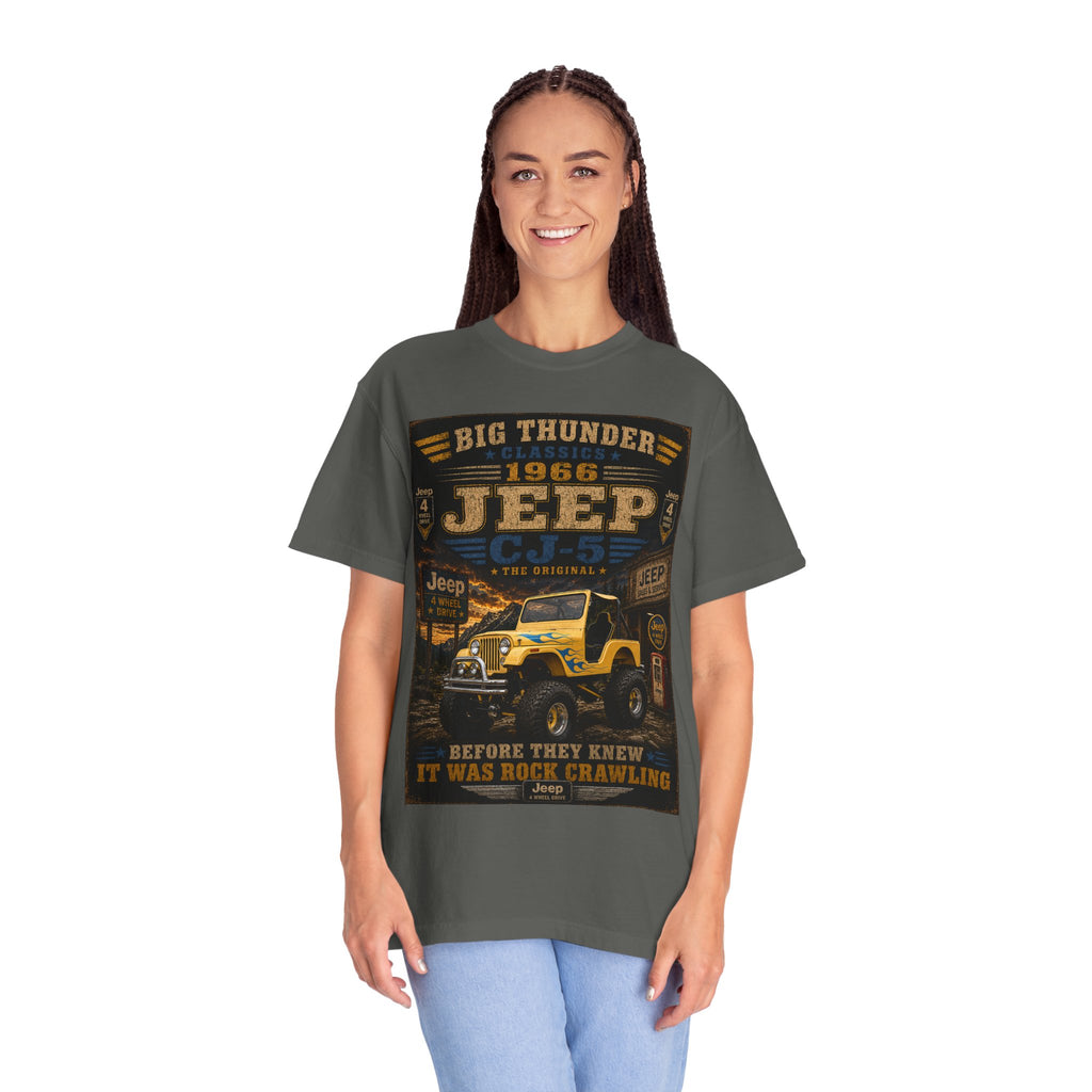 1966 Jeep CJ-5 Big Thunder Vintage Jeep T-Shirt | Off-Road Rock Crawling
