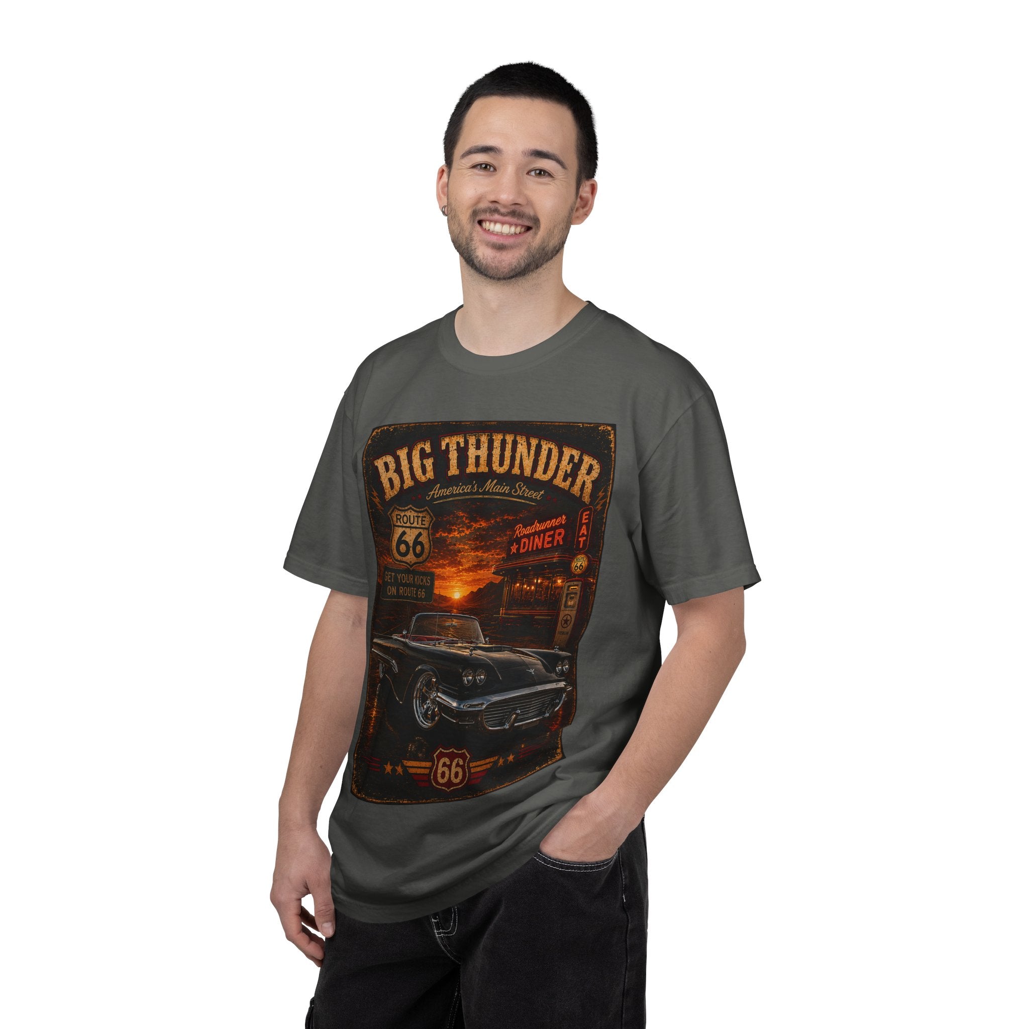 Big Thunder Route 66 Vintage Car T-shirt | Retro Diner Sunset Tee